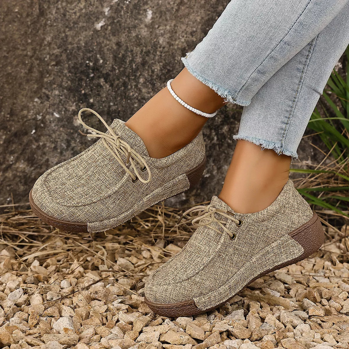 Round Toe Lace-Up Sneakers in Brown for Women