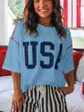 USA Graphic Ribbed Knit T-Shirt in Dusty Blue for Women