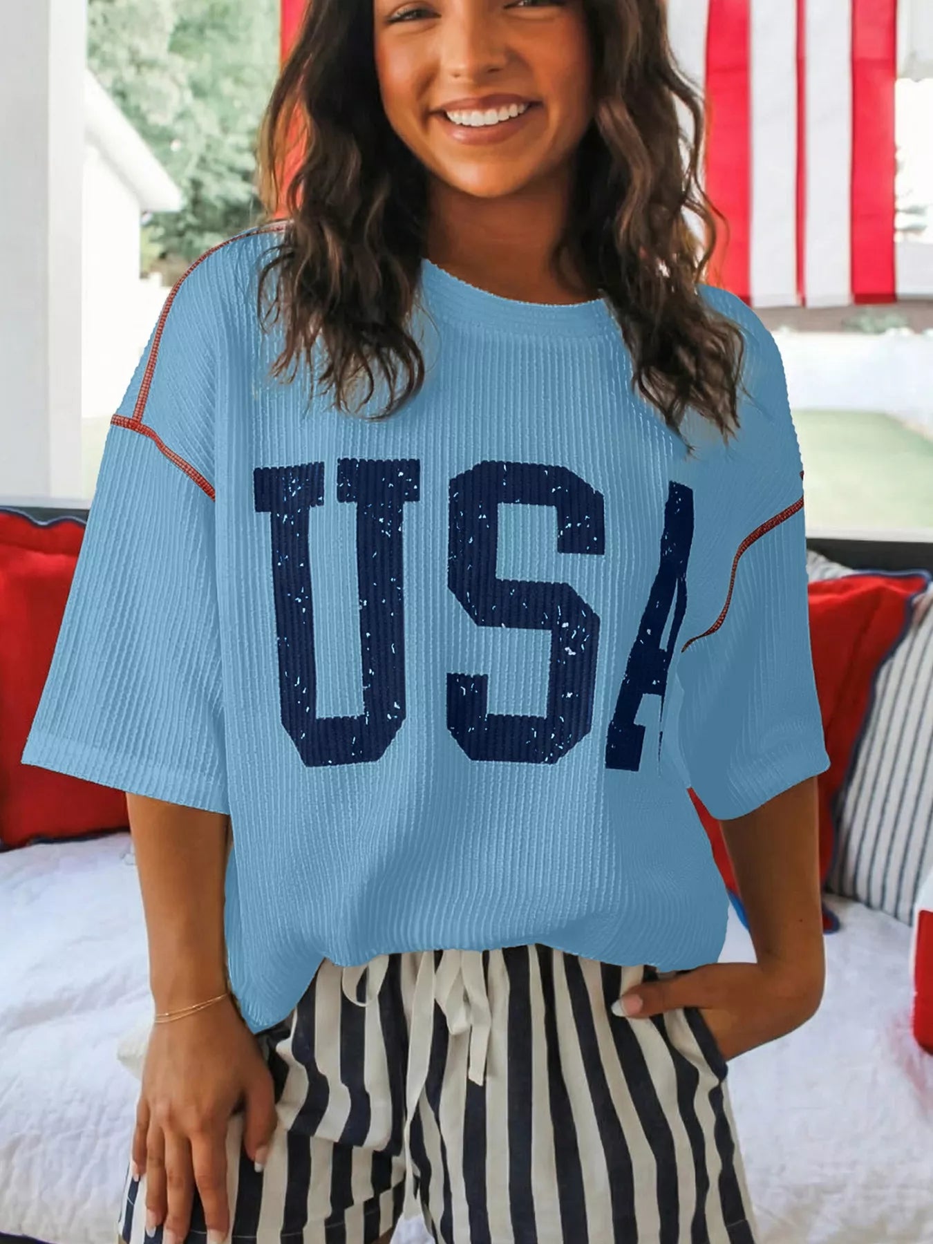 USA Graphic Ribbed Knit T-Shirt in Dusty Blue for Women