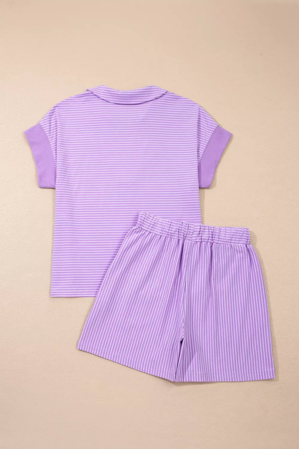Stripe Dolman Sleeve Polo Shirt and Drawstring Shorts Set for Women