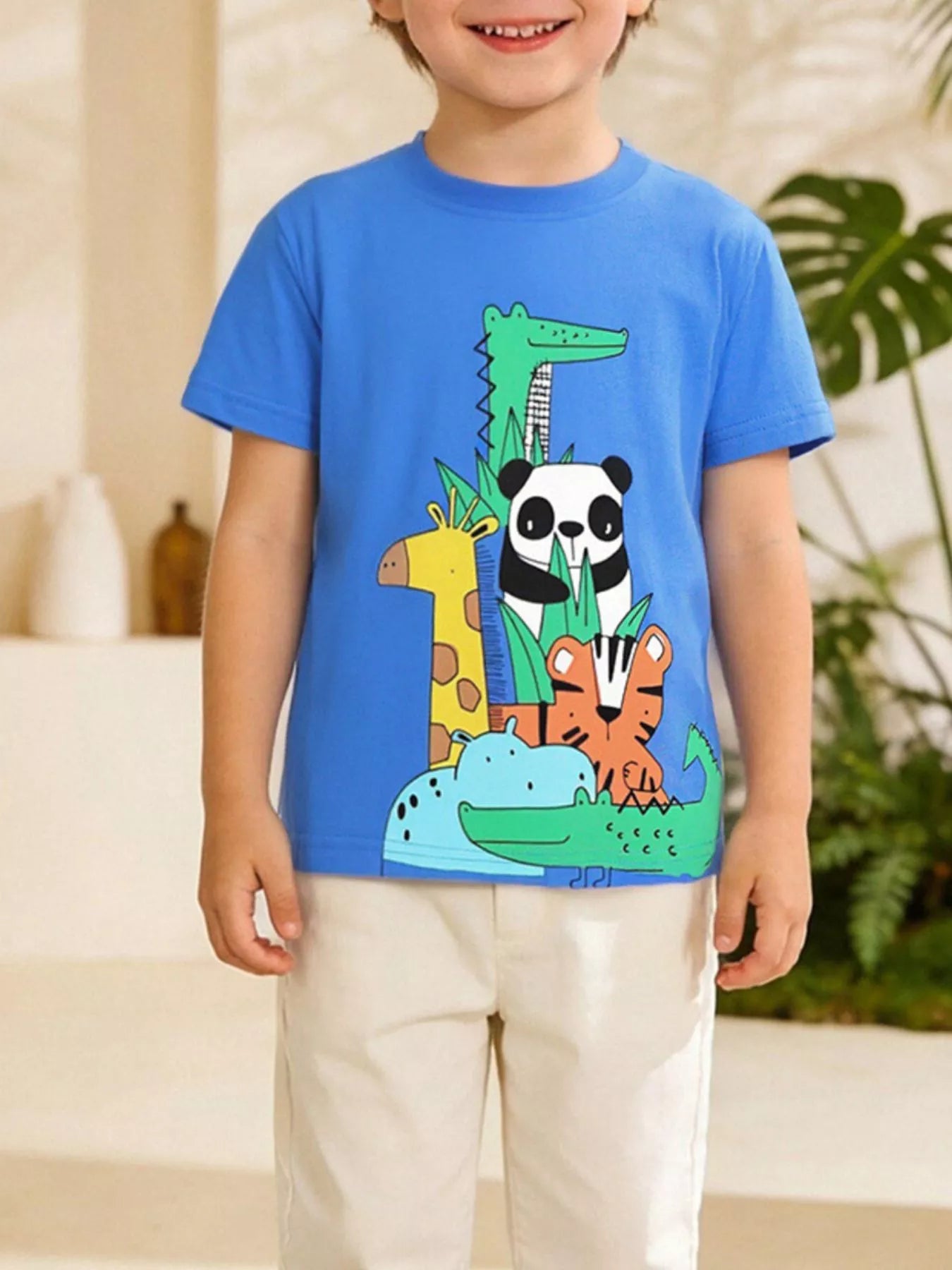 Animal Print Crew Neck T-Shirt in Blue for Boys