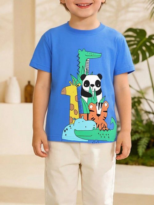 Animal Print Crew Neck T-Shirt in Blue for Boys