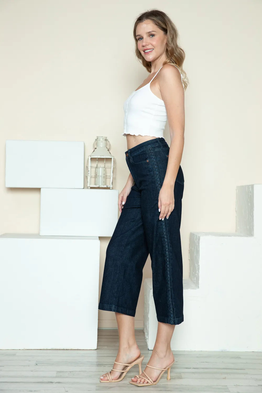 Plus Size Side Seam Braid Detail Crop Wide Leg Jeans in Dark for Women