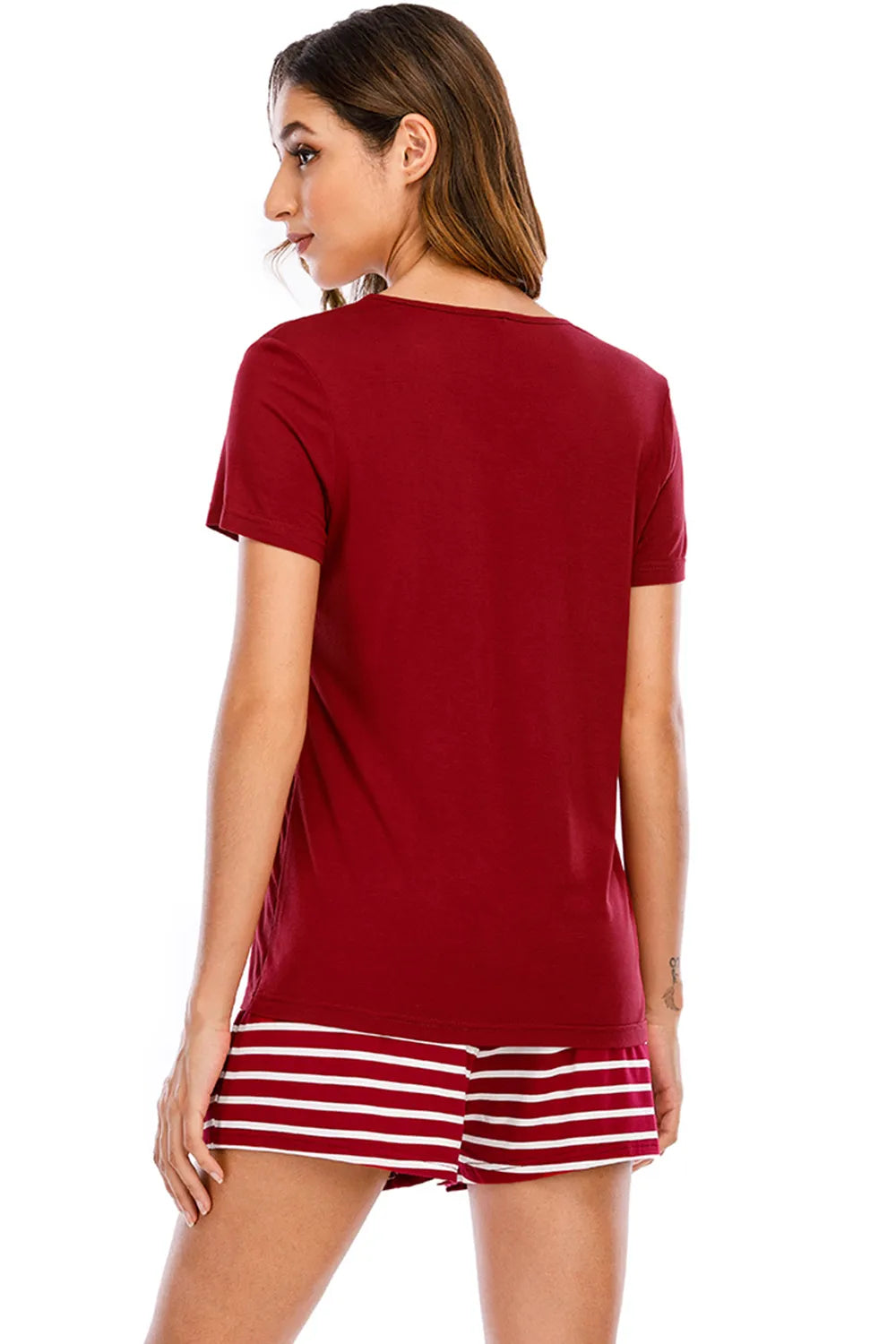 Graphic Round Neck Top and Striped Shorts Lounge Set in Scarlet for Women