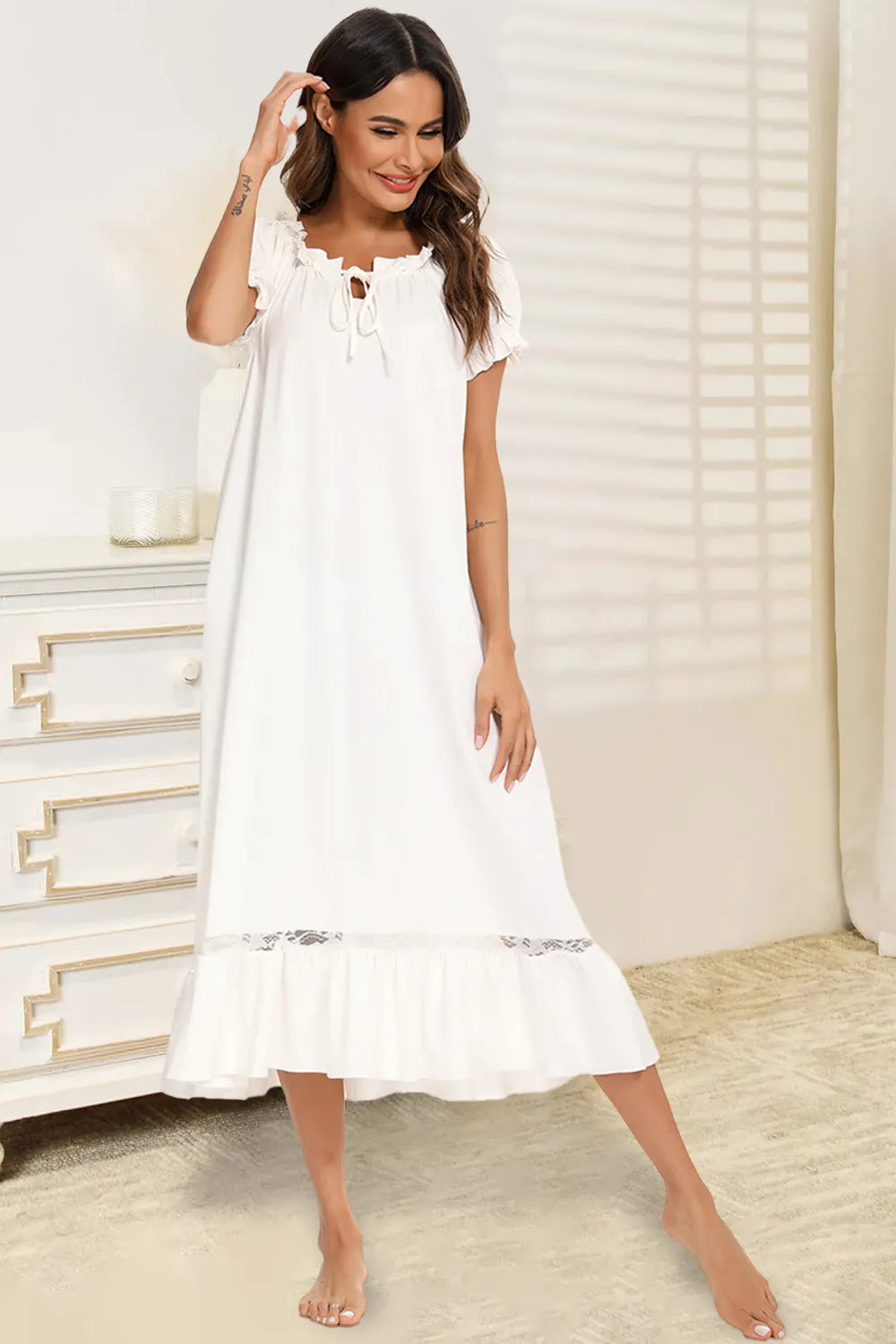 Lace Detail Short Sleeve Lounge Dress in White for Women