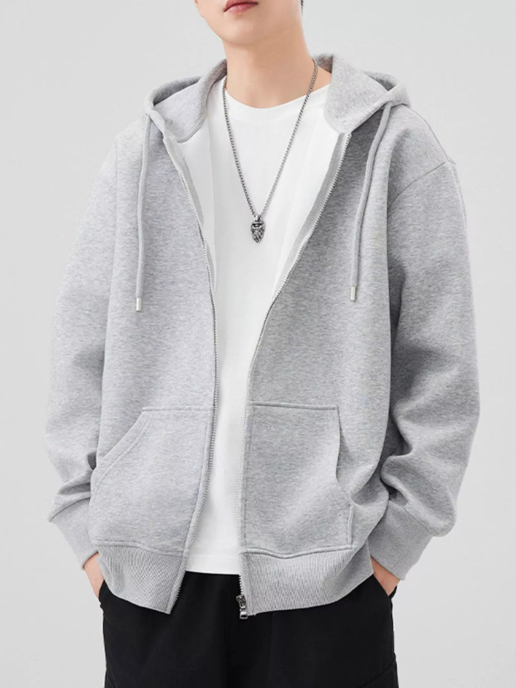 Plus Size Solid Color Zip-Up Hoodie in Dark Gray for Men