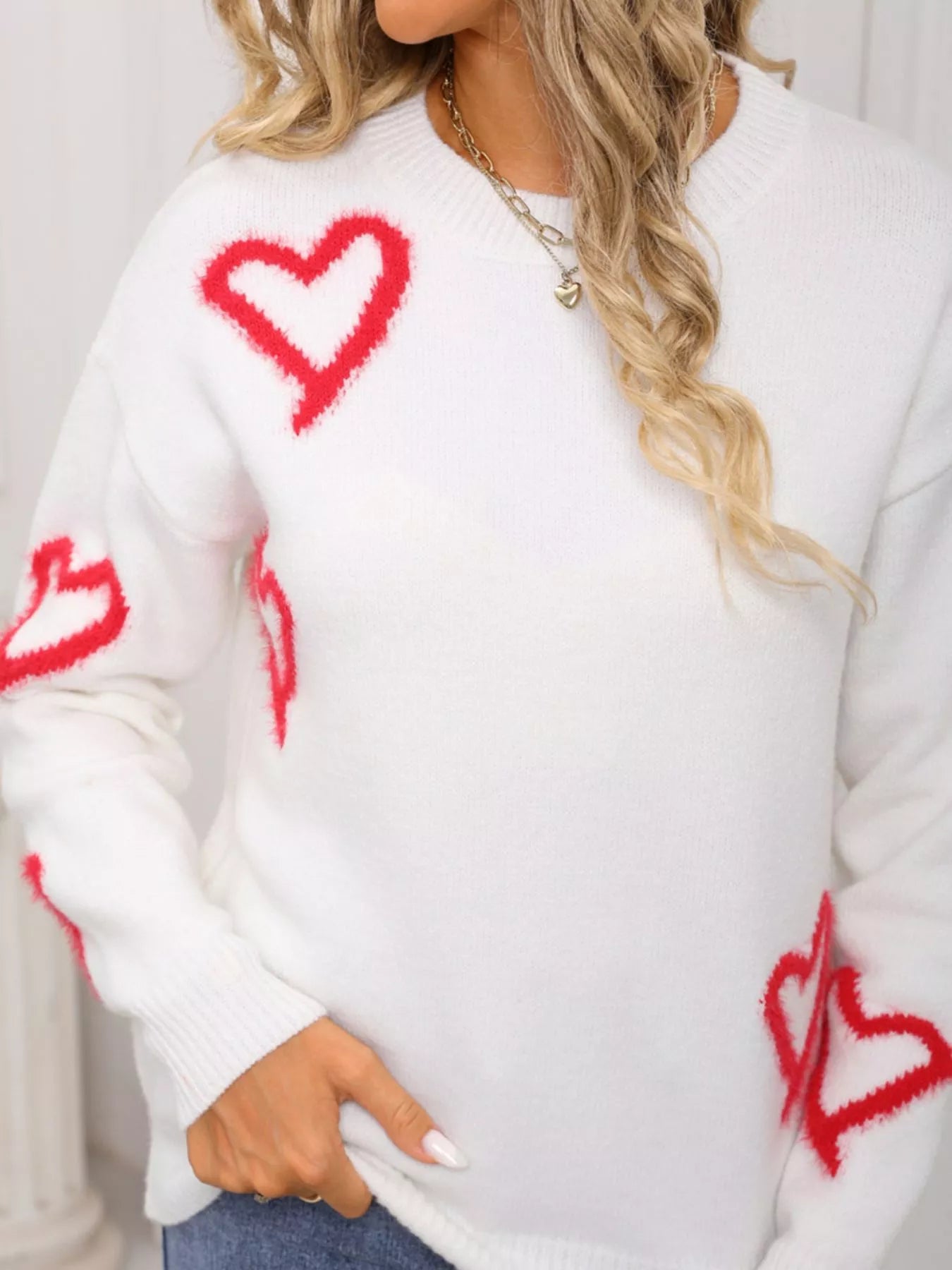 Valentines Day Heart Print Crew Neck Sweater in White for Women