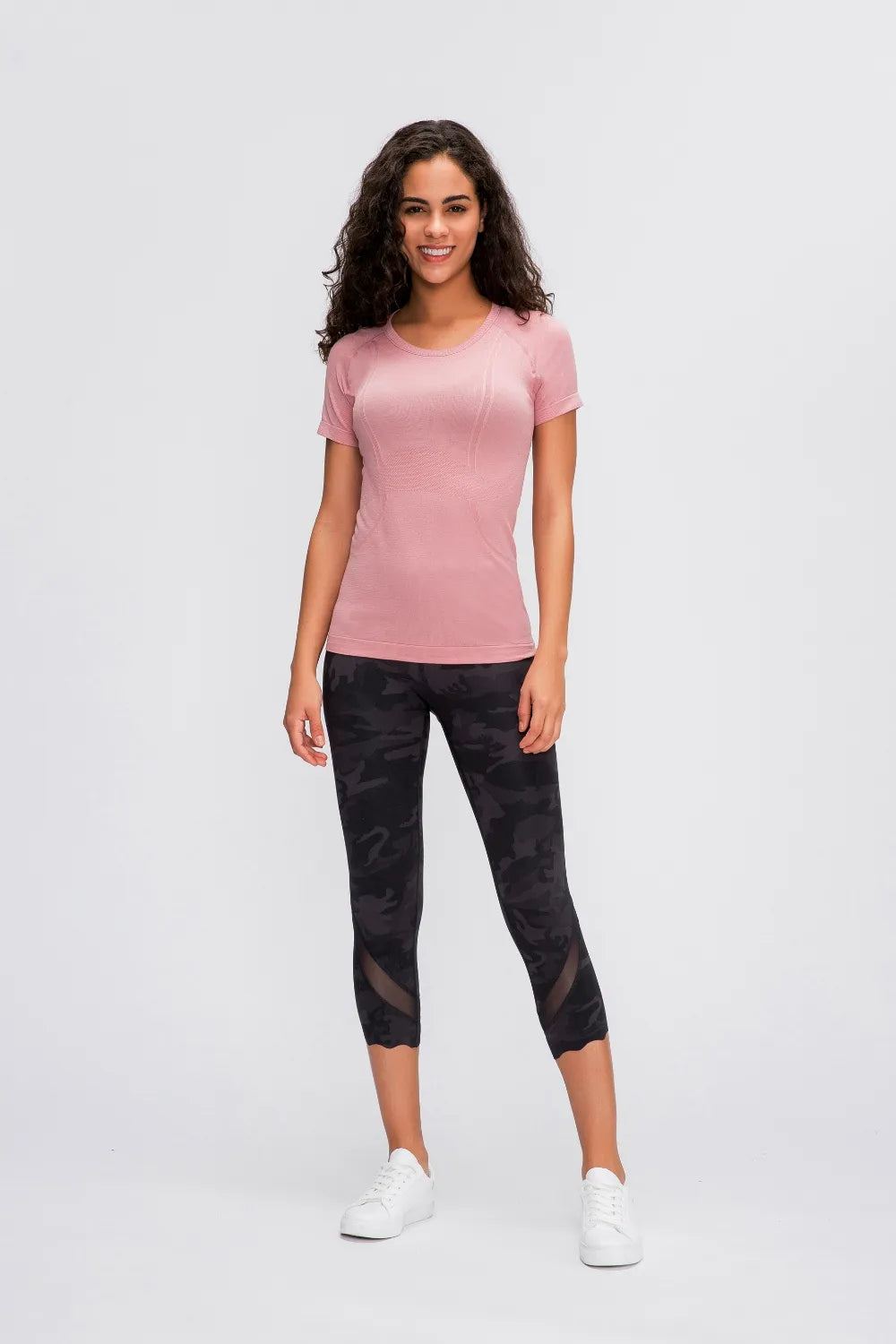 Round Neck Short Sleeve Active T-Shirt in Black in White for Women