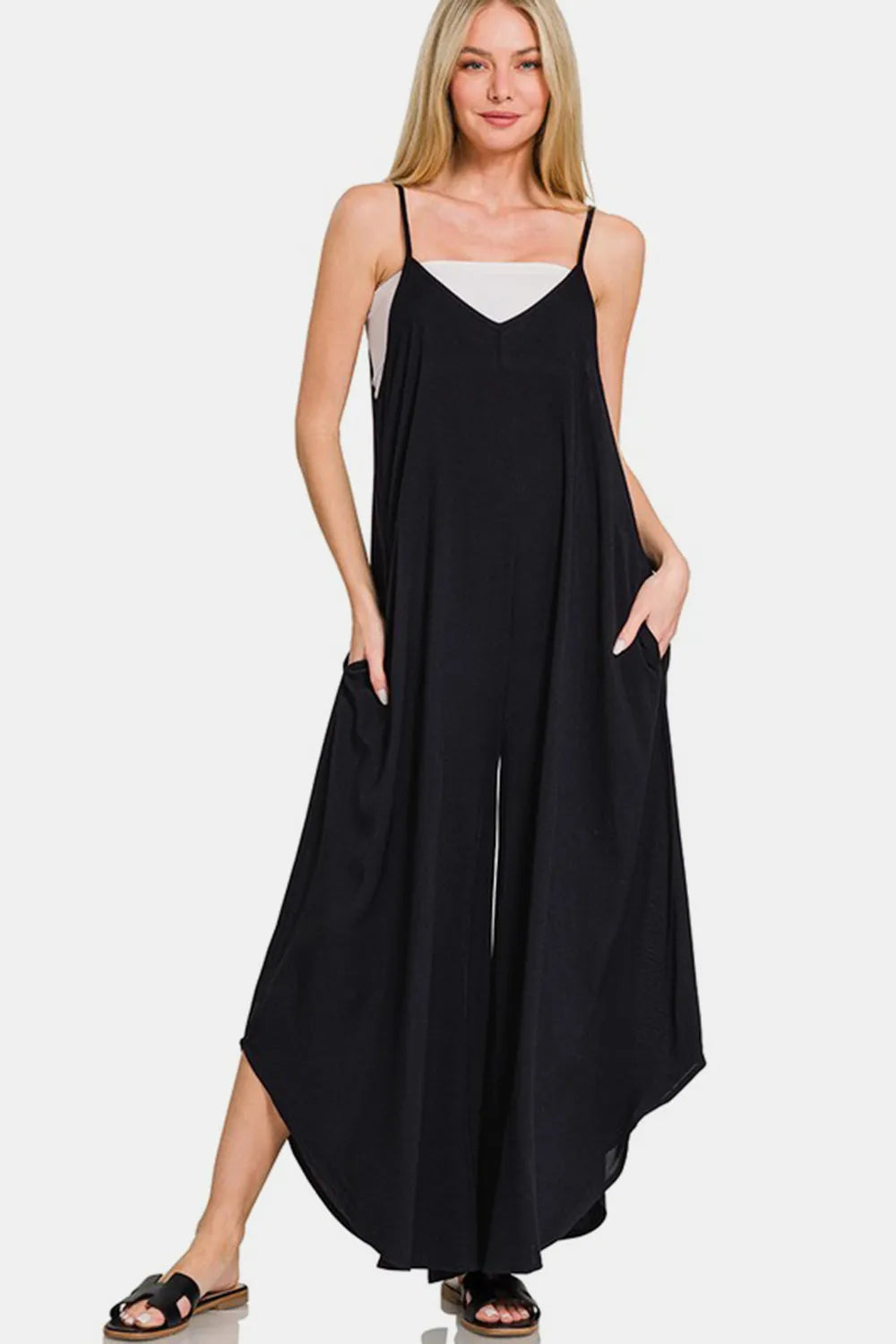 Spaghetti Strap Wide Leg Overalls with Pockets in Black for Women
