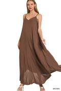 Woven Crinkle Cami Maxi Dress with Side Pockets in Brown for Women