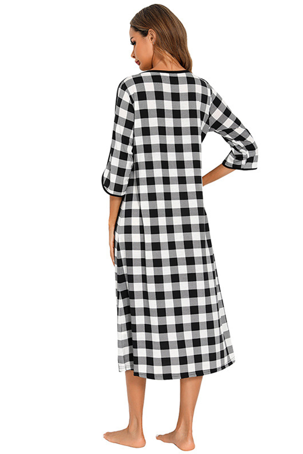 Round Neck Three-Quarter Sleeve Midi Night Dress in Heather Gray for Women