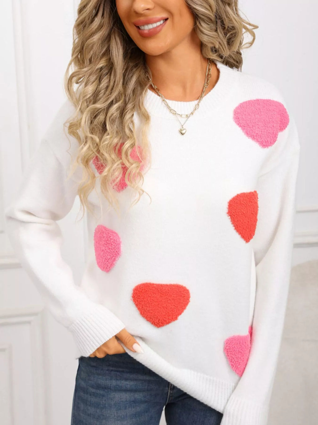 Valentines Day Heart Pattern Long Sleeve Sweater in White for Women