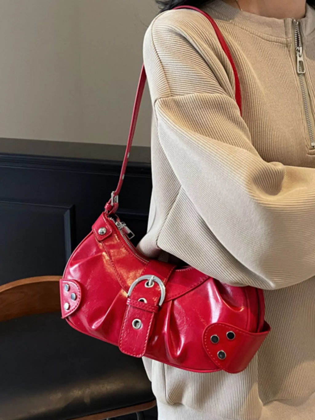 Studded Buckle Shoulder Bag for Women