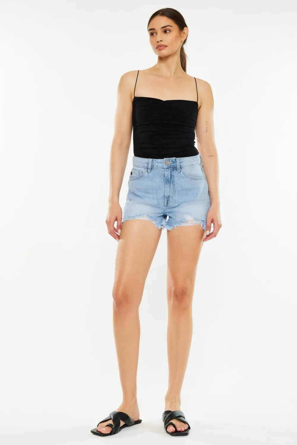 Raw Hem Distressed High Waist Denim Shorts in Light for Women