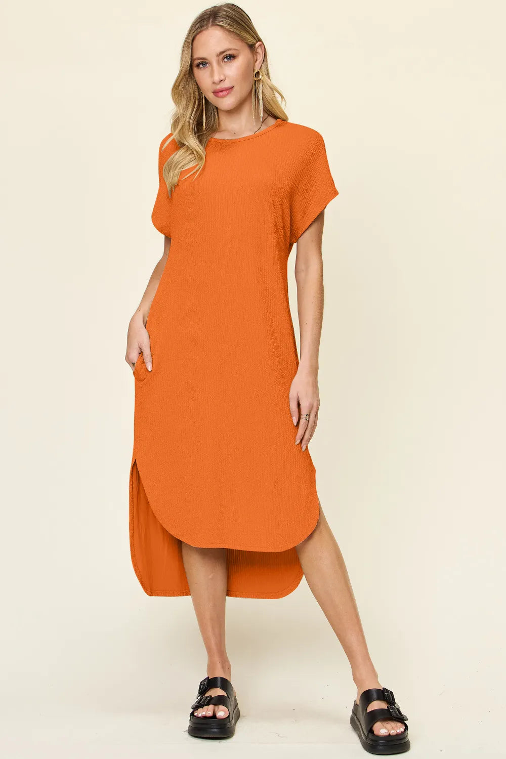 Plus Size Round Neck Short Sleeve Slit Dress in Sky Blue for Women