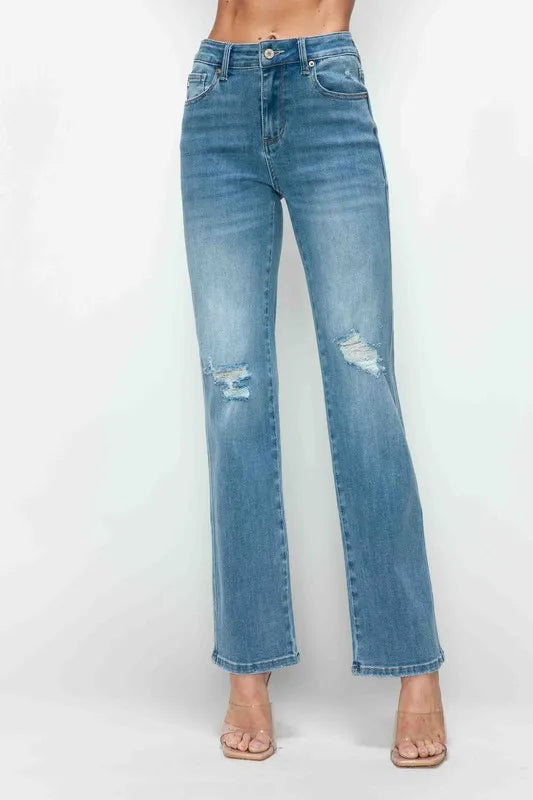 Plus Size Distressed High Rise Straight Jeans in Medium for Women
