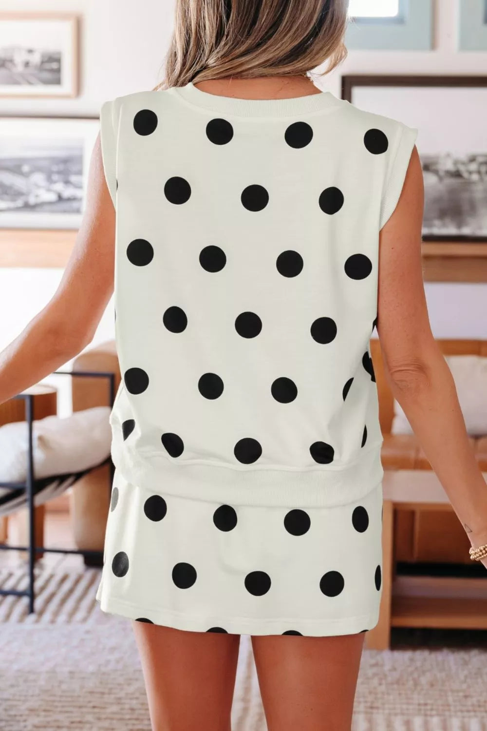 Ribbed Trim Polka Dot Print Tank Split Mini Skort Two-Piece Set in White for Women