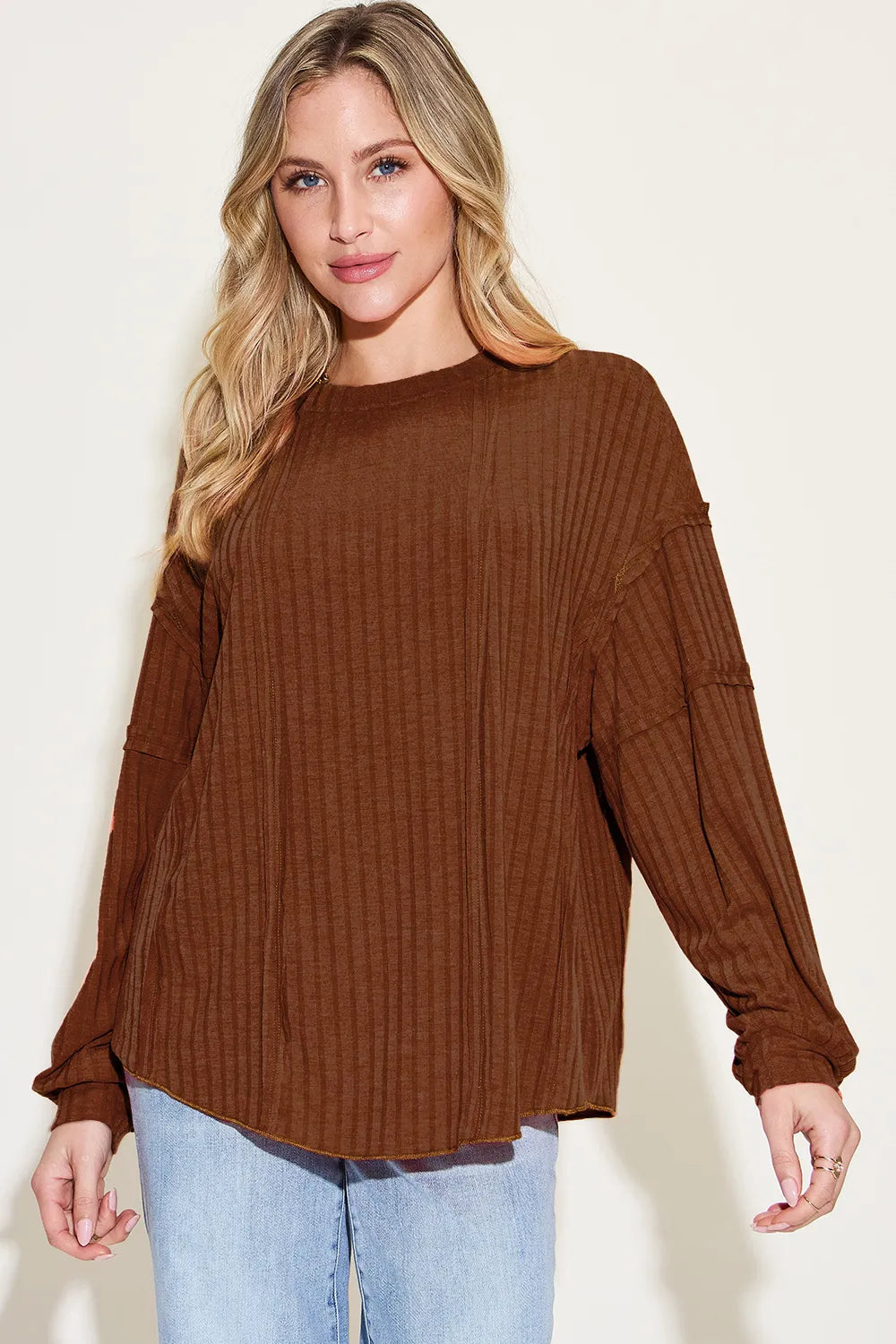 Plus Size Ribbed Round Neck Long Sleeve T-Shirt in Dark Brown for Women