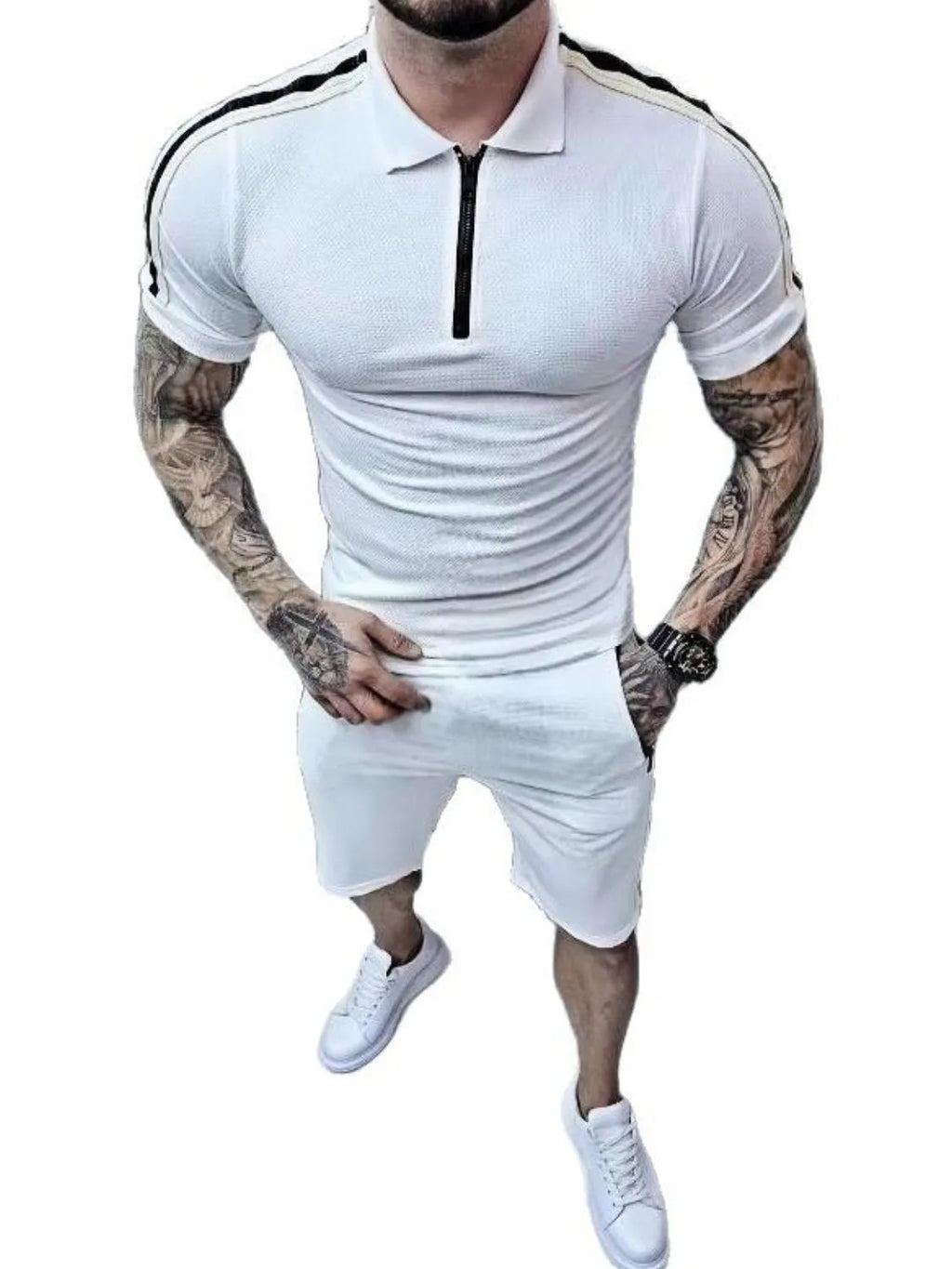 Collared Neck Short Sleeve Top and Shorts Set in Black for Men