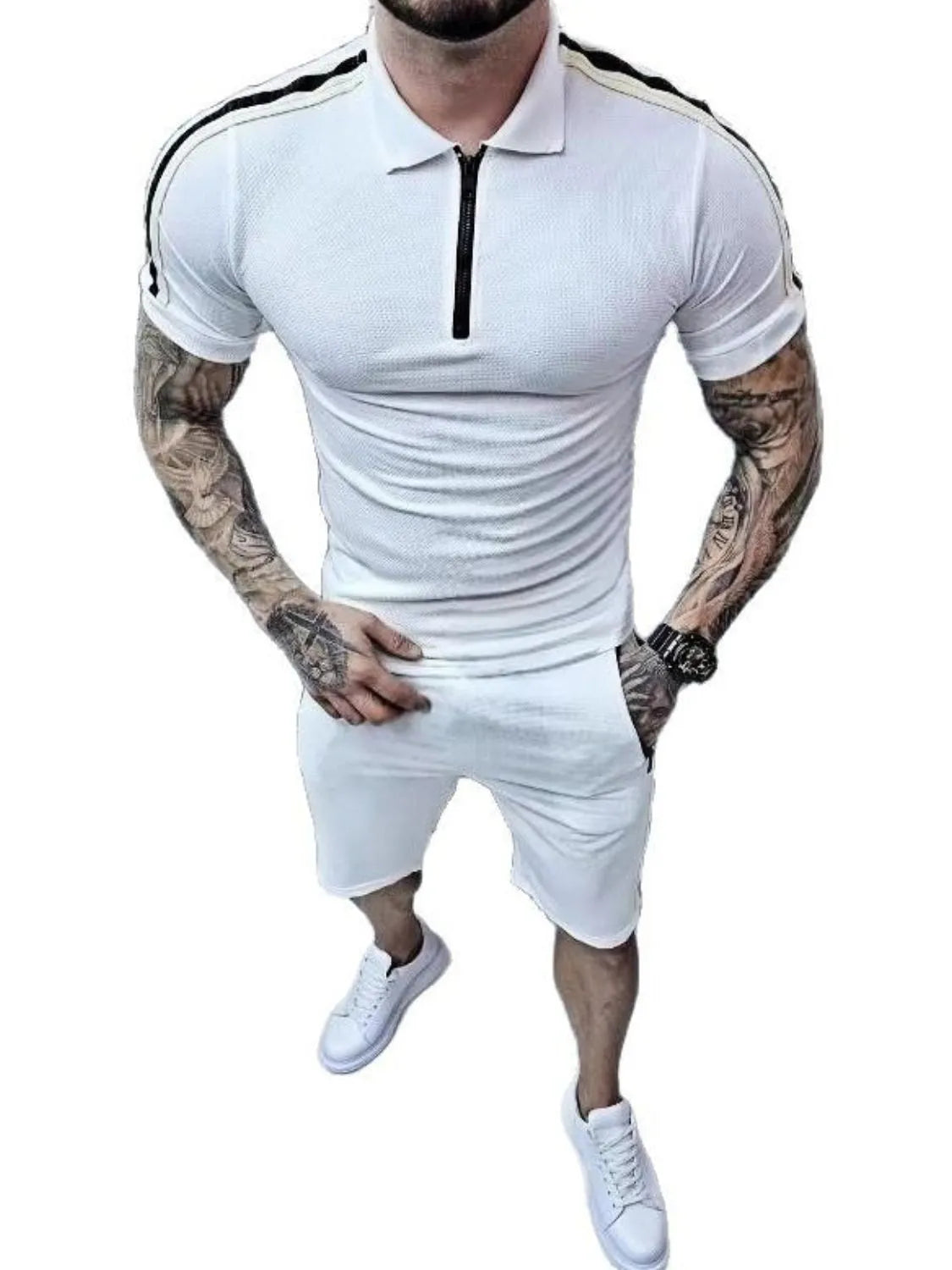 Collared Neck Short Sleeve Top and Shorts Set in Black for Men