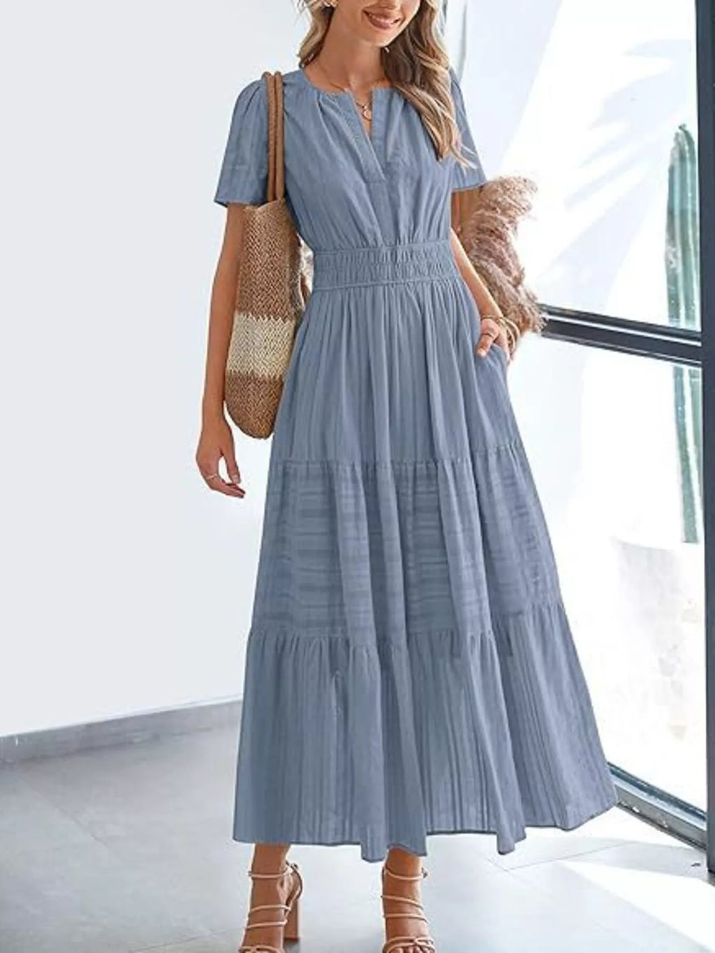 Plus Size Short Sleeve Tiered Midi Dress in Dusty Pink for Women