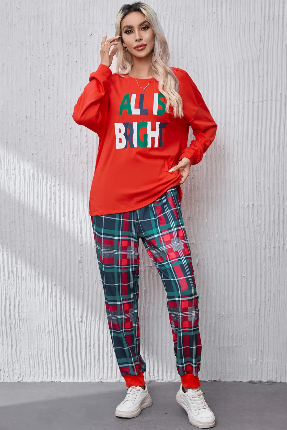 All Is Round Neck Top and Plaid Pants Lounge Set in Red for Women
