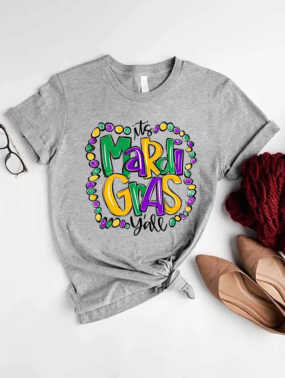 Its Mardi Gras Yall Round Neck T-Shirt in Dark Gray for Women