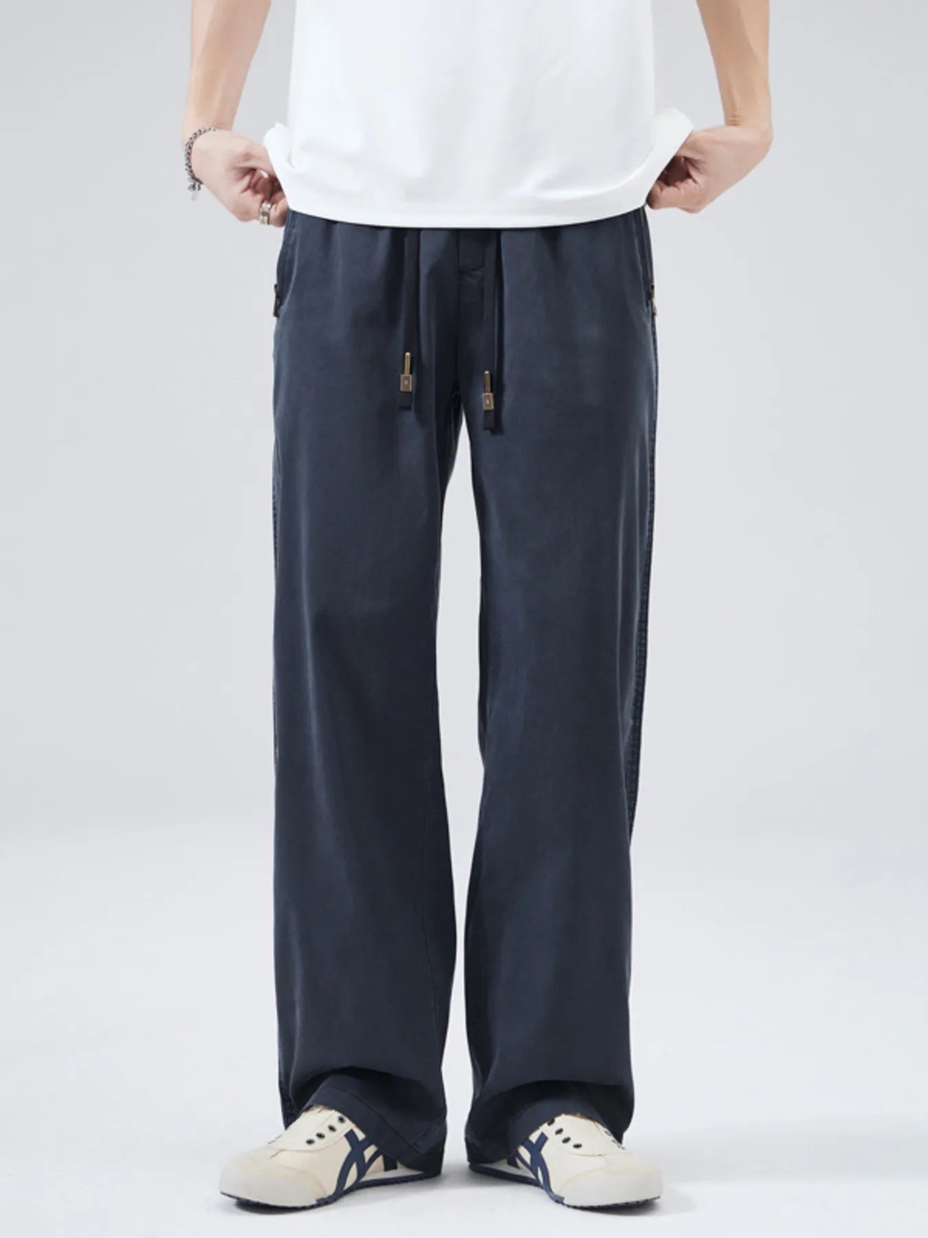 Drawstring Wide Leg Pants Plus Size in Classic in Black for Men