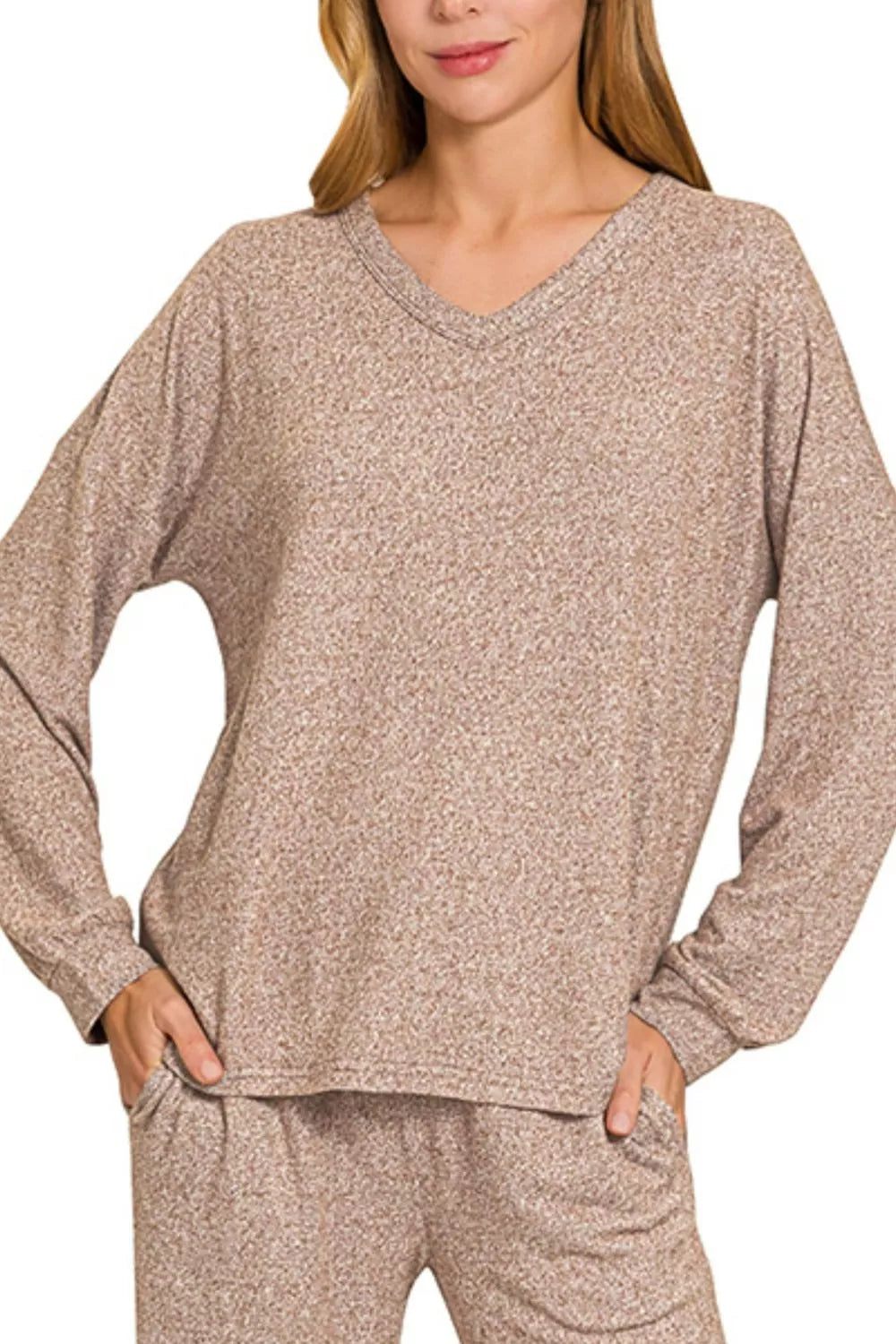 Soft Melange Long Sleeve Tee & Pants Set in Brown for Women