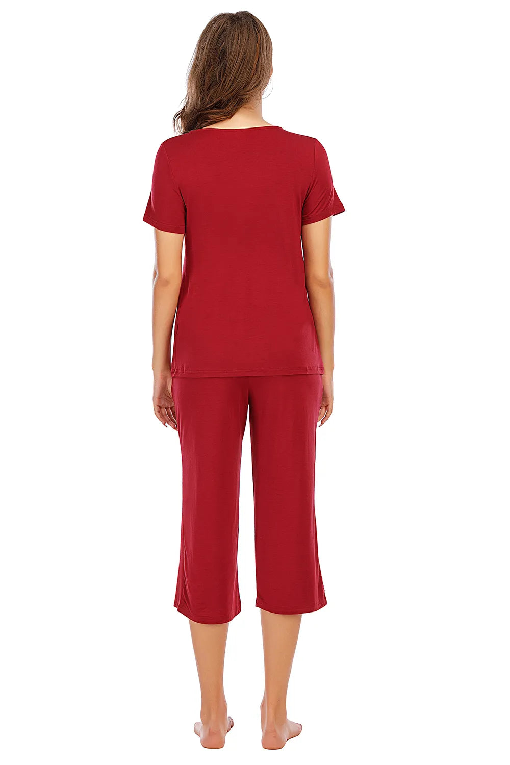 V-Neck Short Sleeve Top and Pants Lounge Set in Scarlet for Women