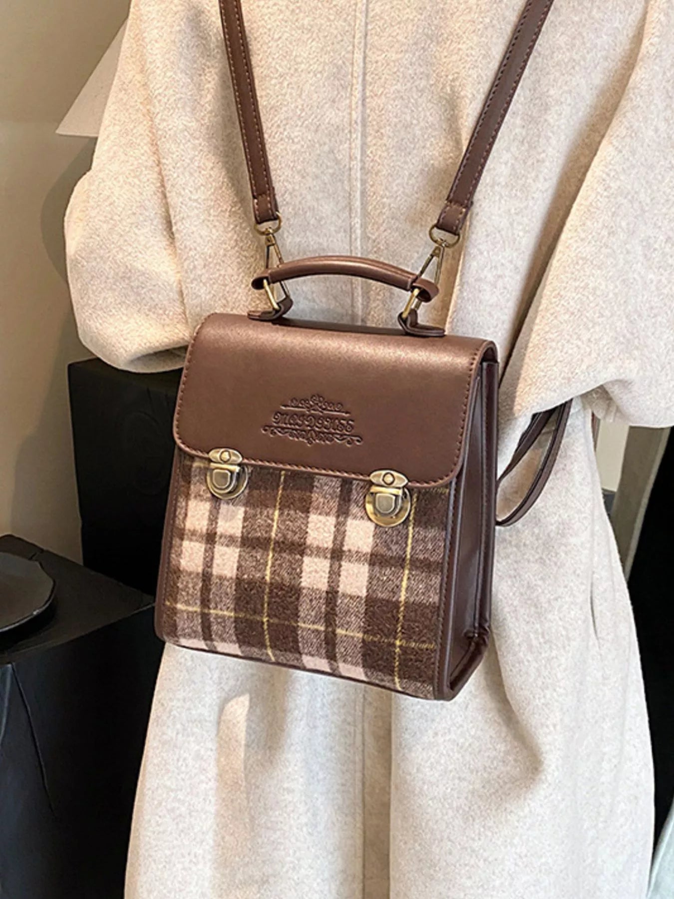Vintage Plaid Flap Backpack Bag for Women