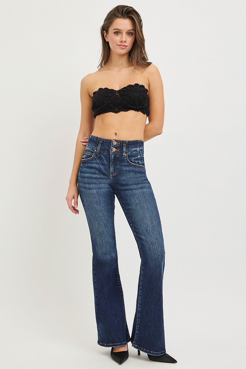 High Rise Flare Jeans with Seam Detail Waistband in Dark for Women