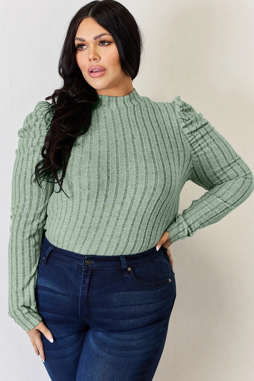 Plus Size Ribbed Mock Neck Puff Sleeve T-Shirt in Khaki for Women