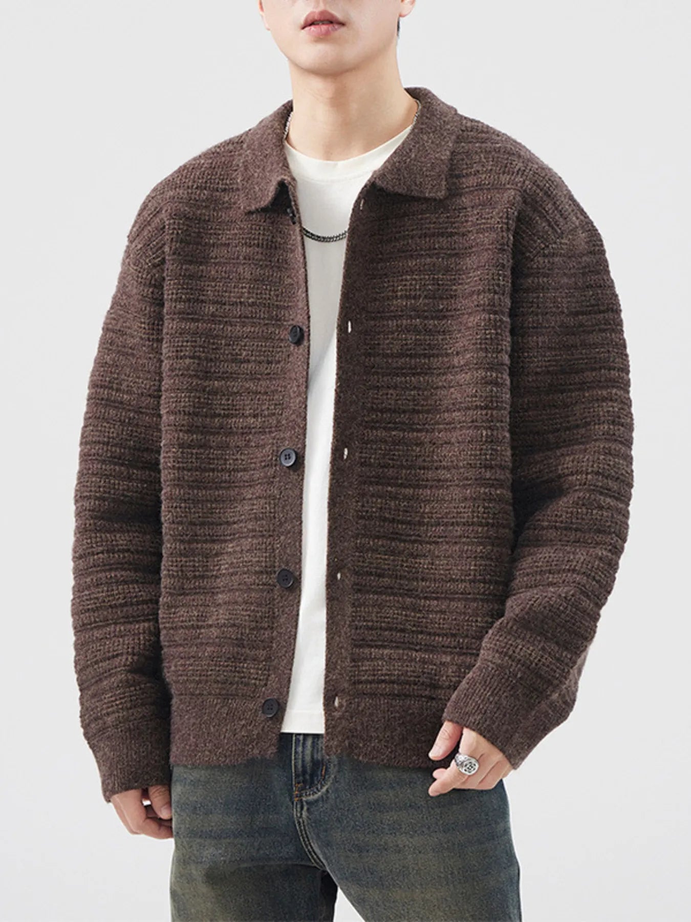 Plus Size Button Up Long Sleeve Cardigan in Gray Green for Men