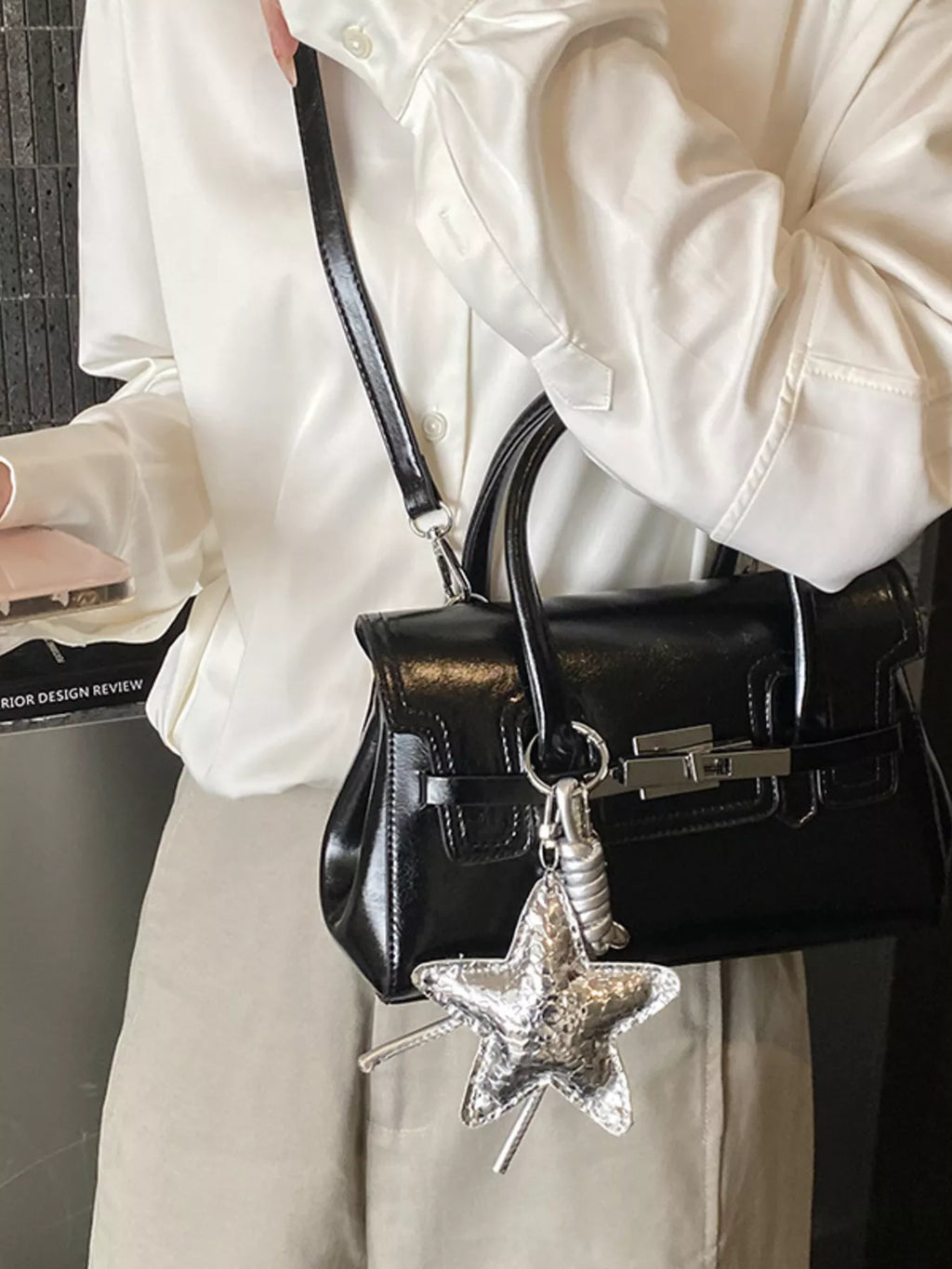 Leather Top Handle Crossbody Bag in Black for Women
