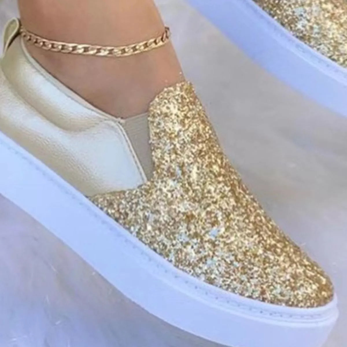 Sequin Round Toe Platform Slip-Ons in Black for Women