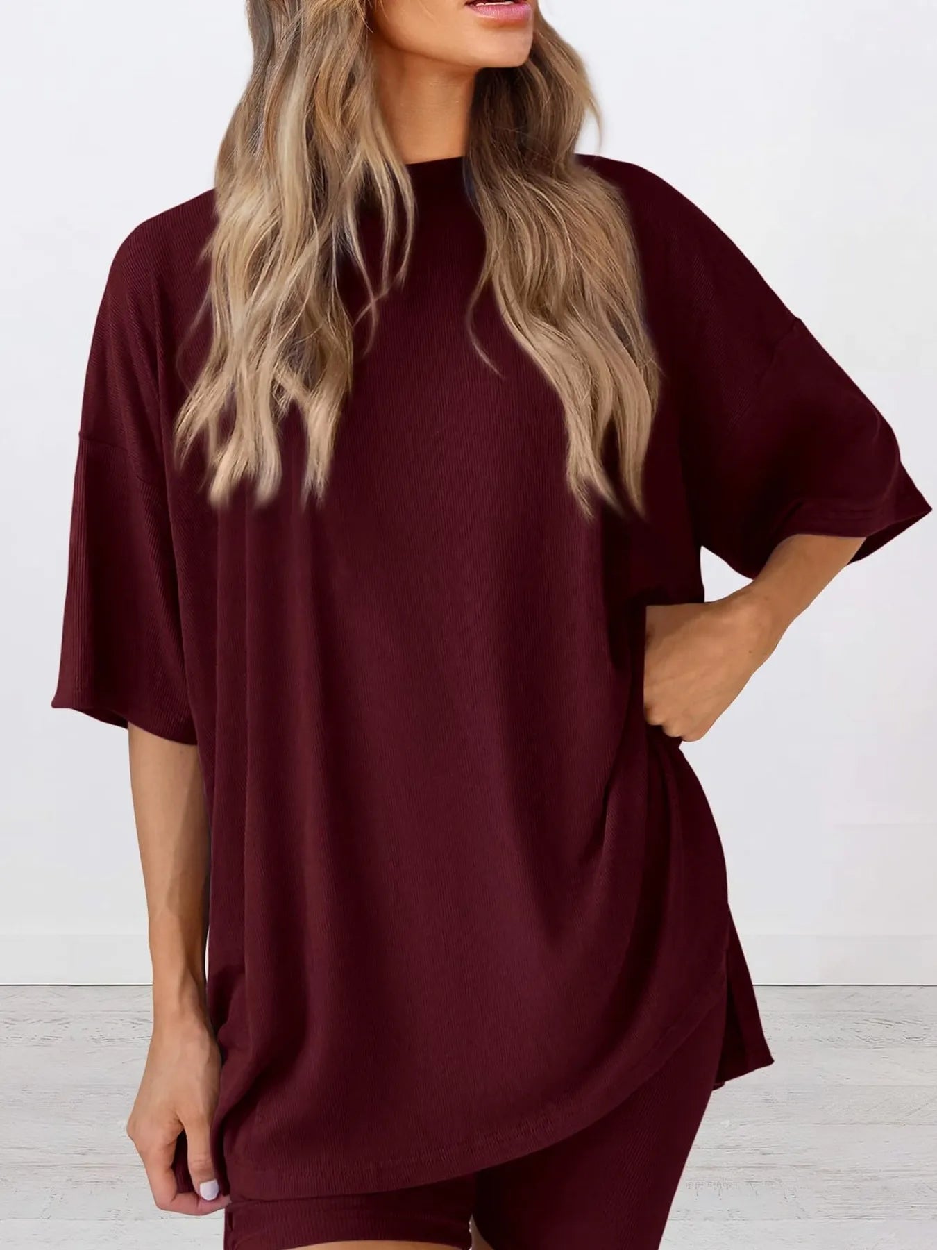 Oversized Slit Round Neck Top and Shorts Lounge Set Plus Size in Grey for Women