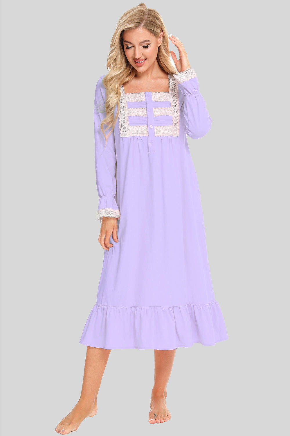Lace Detail Square Neck Flounce Sleeve Night Dress in Dusty Pink for Women