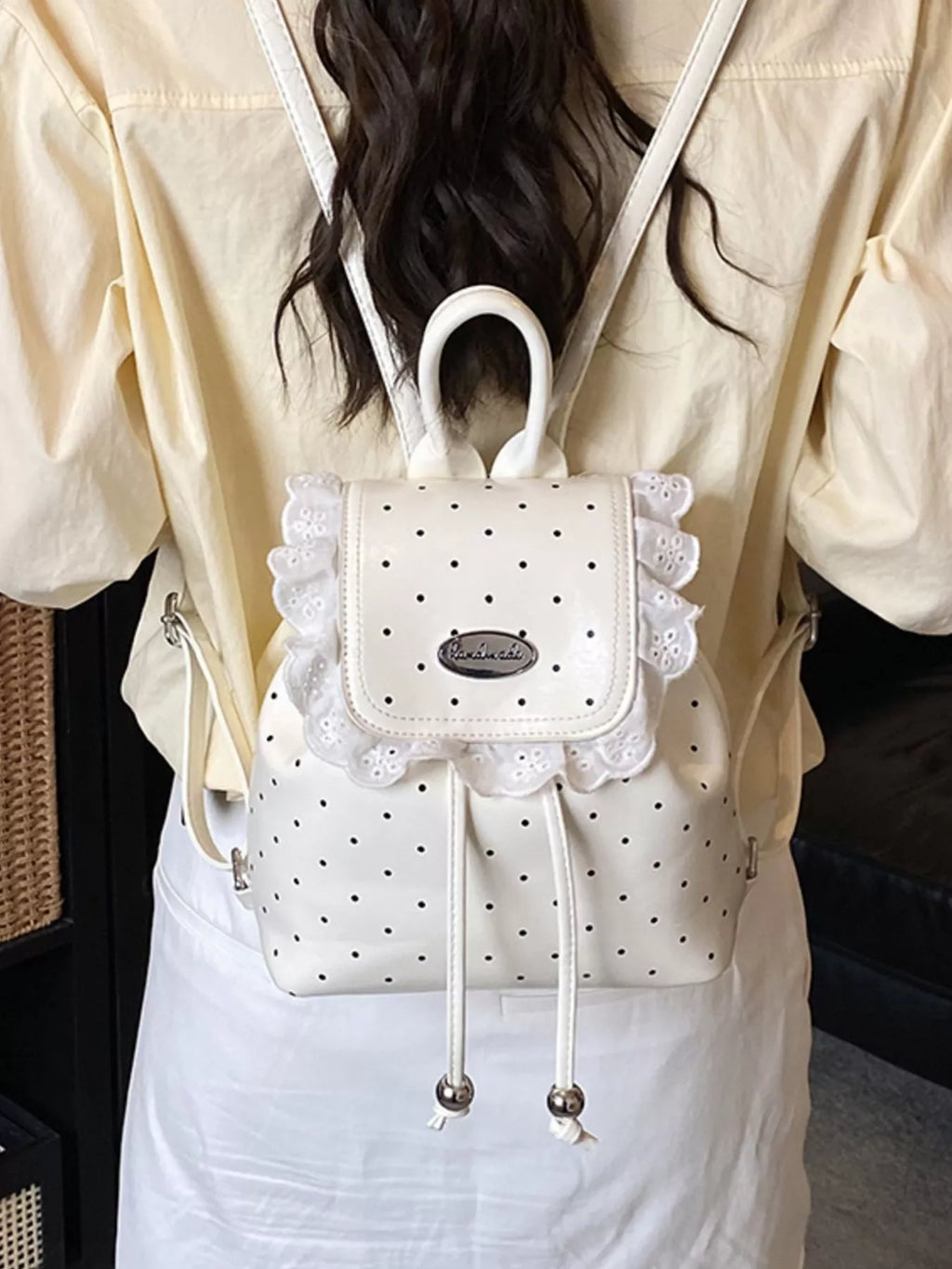 Polka Dot Lace Trim Backpack Bag in Cream for Women