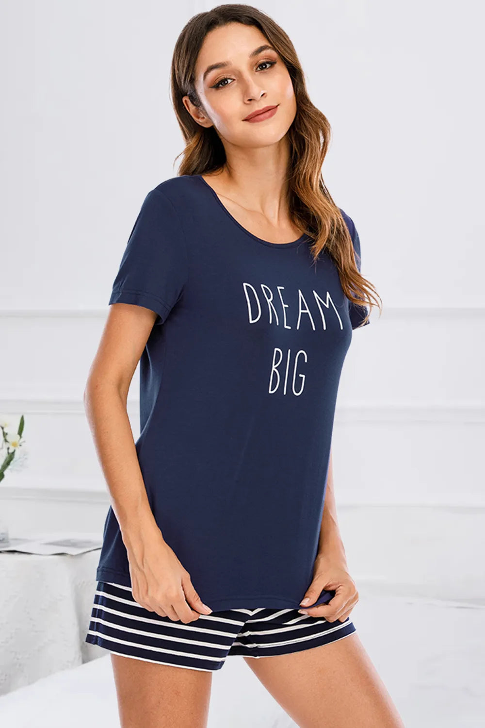 Graphic Round Neck Top and Striped Shorts Lounge Set in Dark Blue for Women