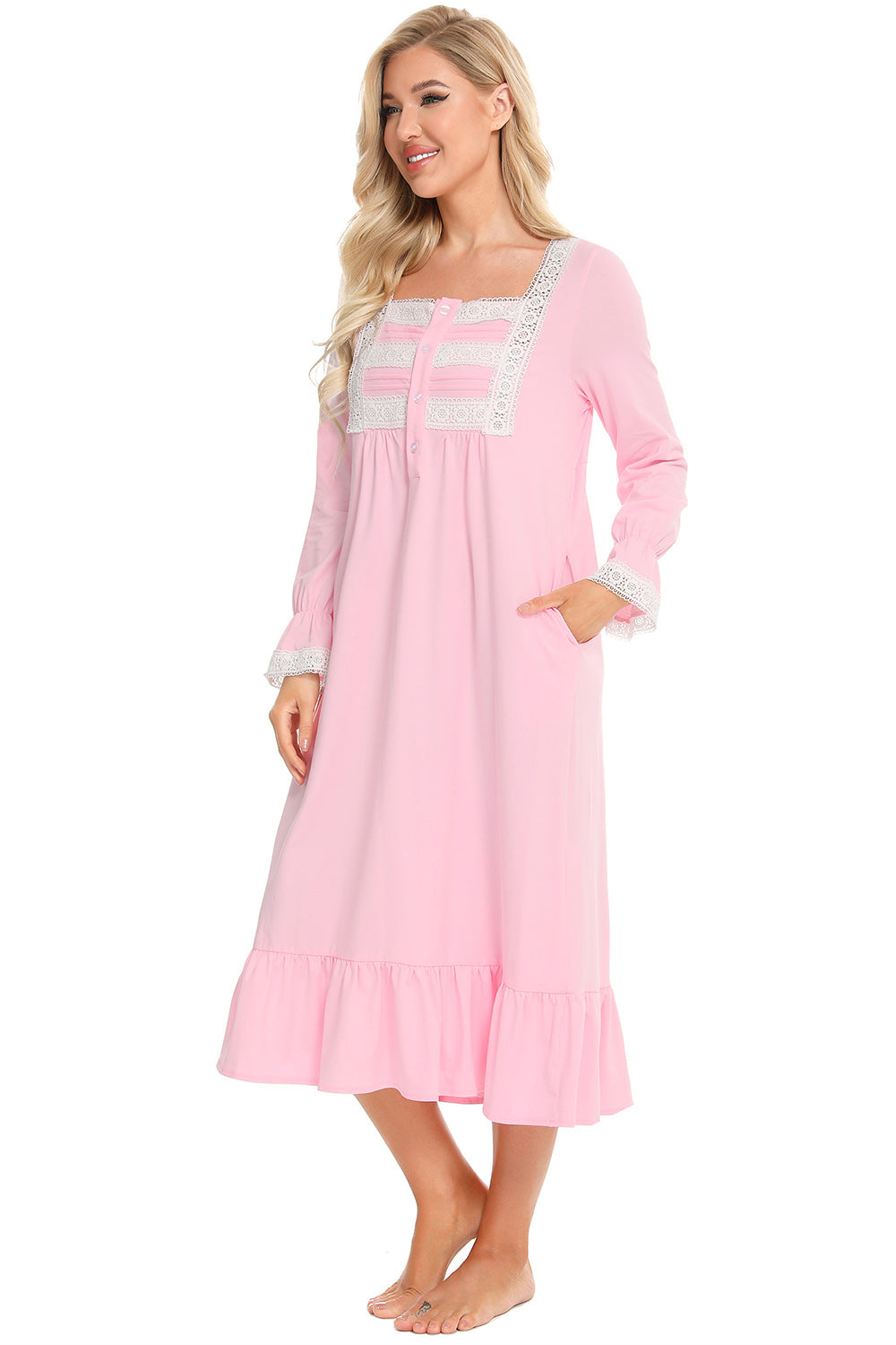 Lace Detail Square Neck Flounce Sleeve Night Dress in Pastel Blue for Women