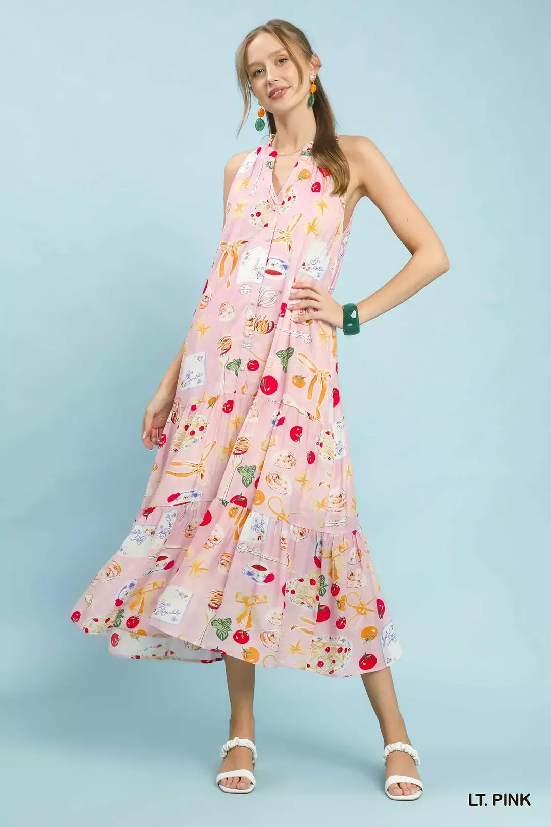 Abstract Print Tiered Halter Midi Dress in Light Pink for Women