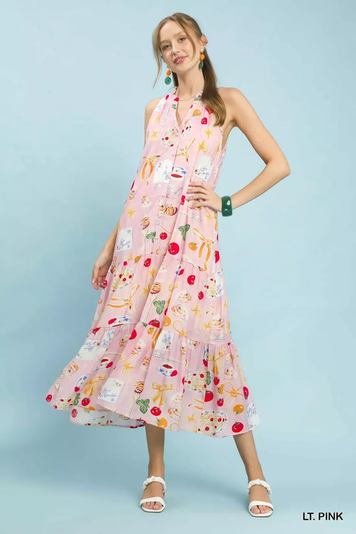 Abstract Print Tiered Halter Midi Dress in Light Pink for Women