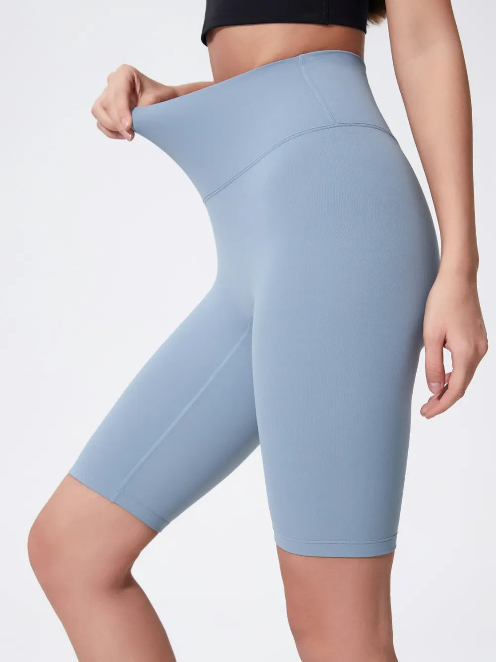 High Rise Wide Waistband Active Shorts in Dark Brown in Light Blue for Women