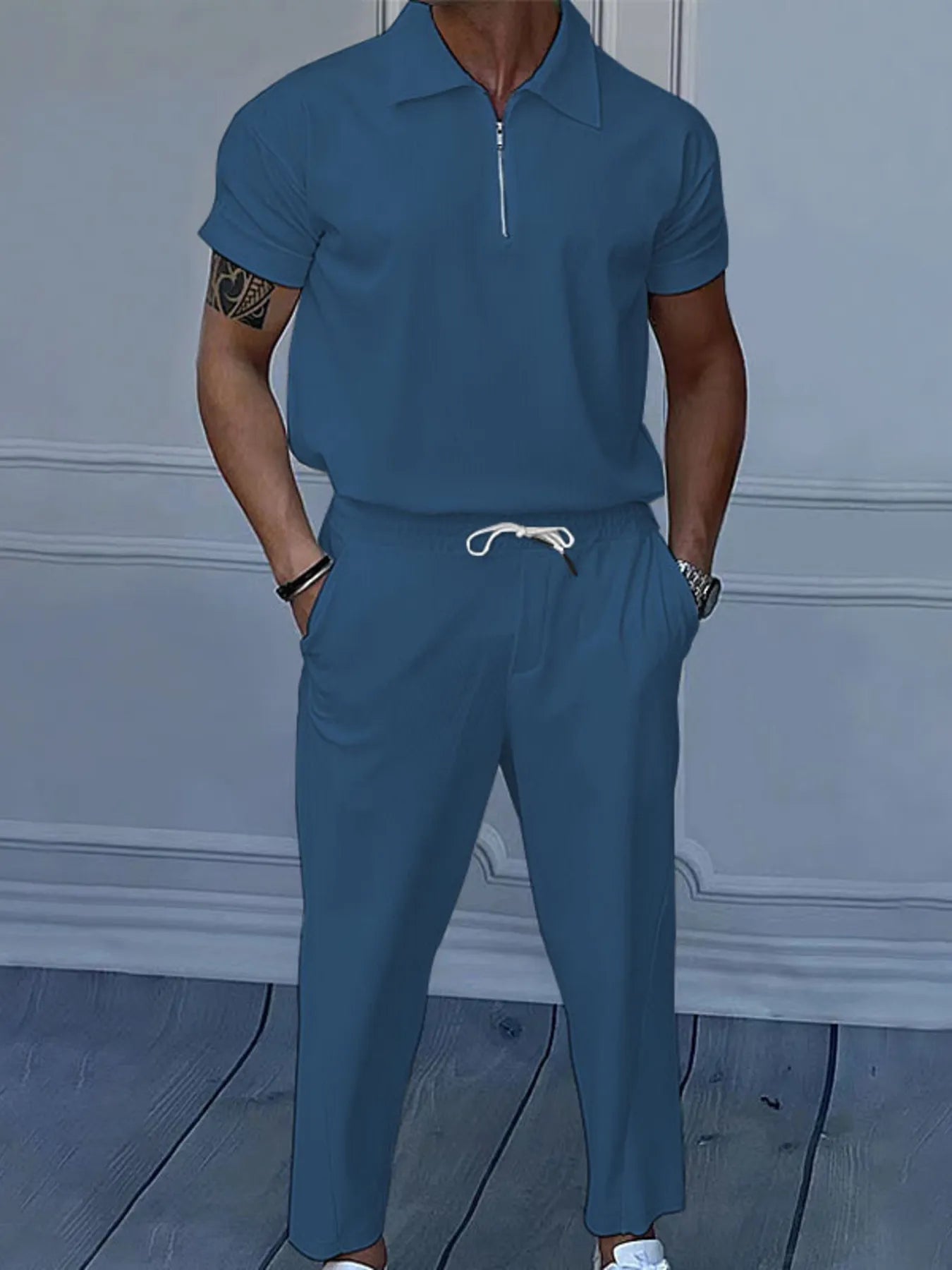 Quarter Zip Short Sleeve Polo and Pants Set Plus Size in Black for Men