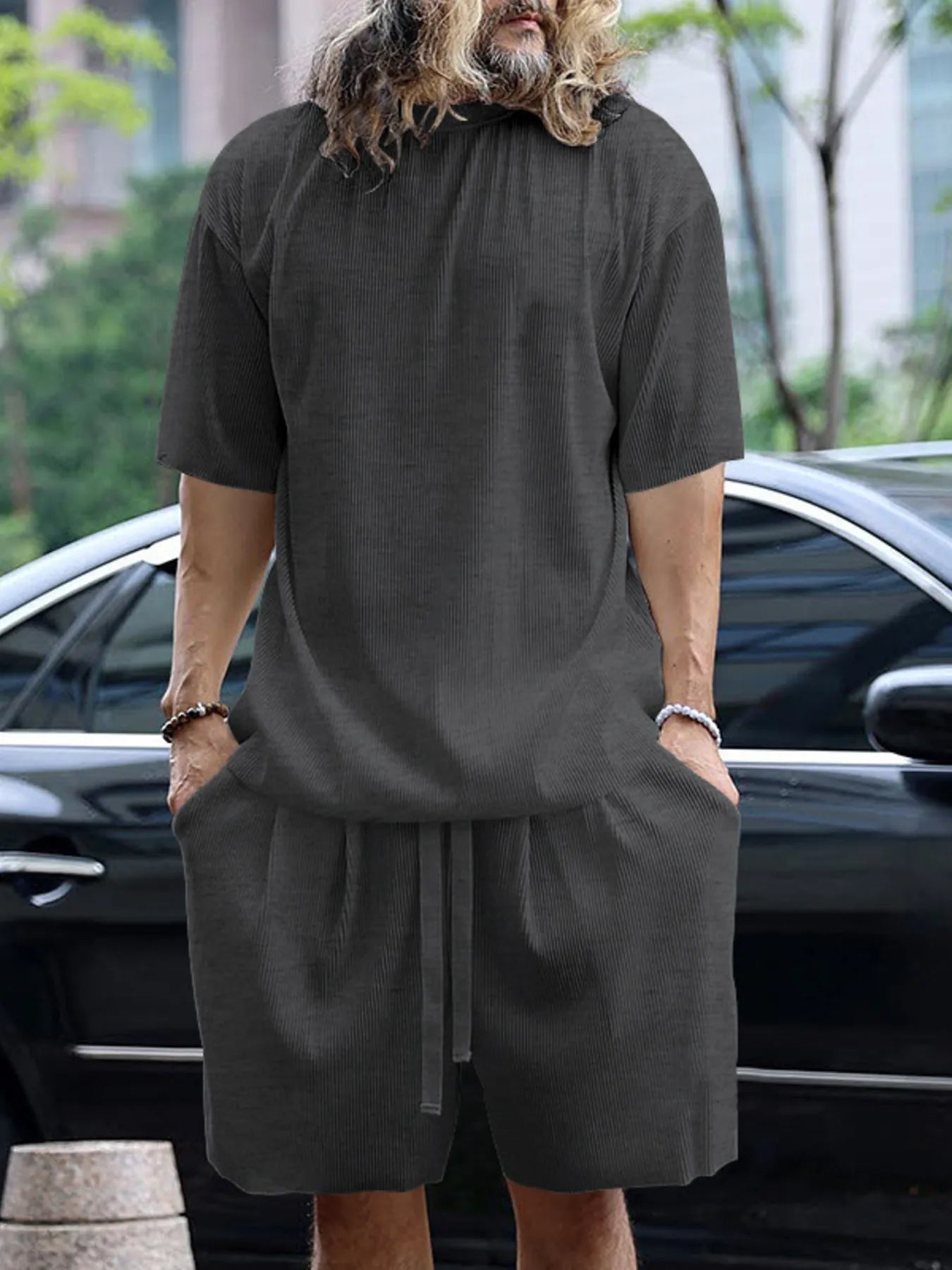 Round Neck Short Sleeve Top and Shorts Set Plus Size in White for Men