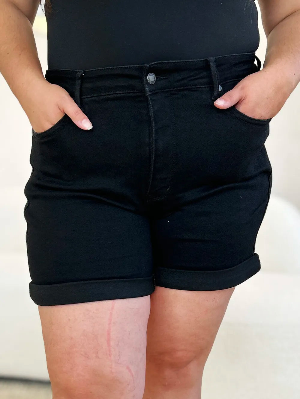 Plus Size High Waist Tummy Control Cuffed Denim Shorts for Women