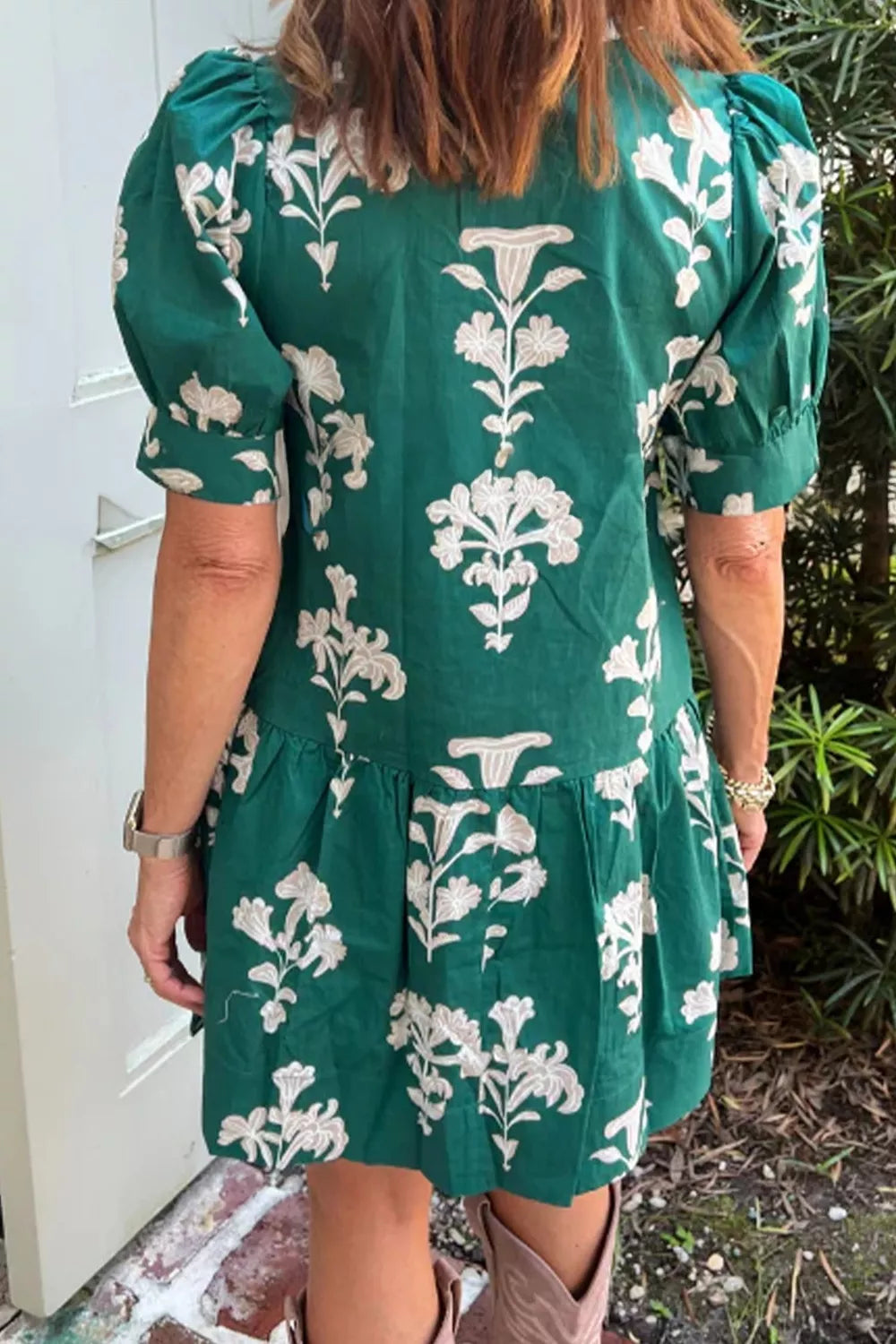 Frilled V-Neck Puff Short Sleeve Floral Mini Dress in Turquoise for Women