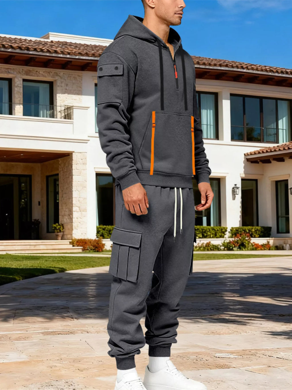 Half Zip Hoodie and Cargo Pants Set Plus Size in Black for Men