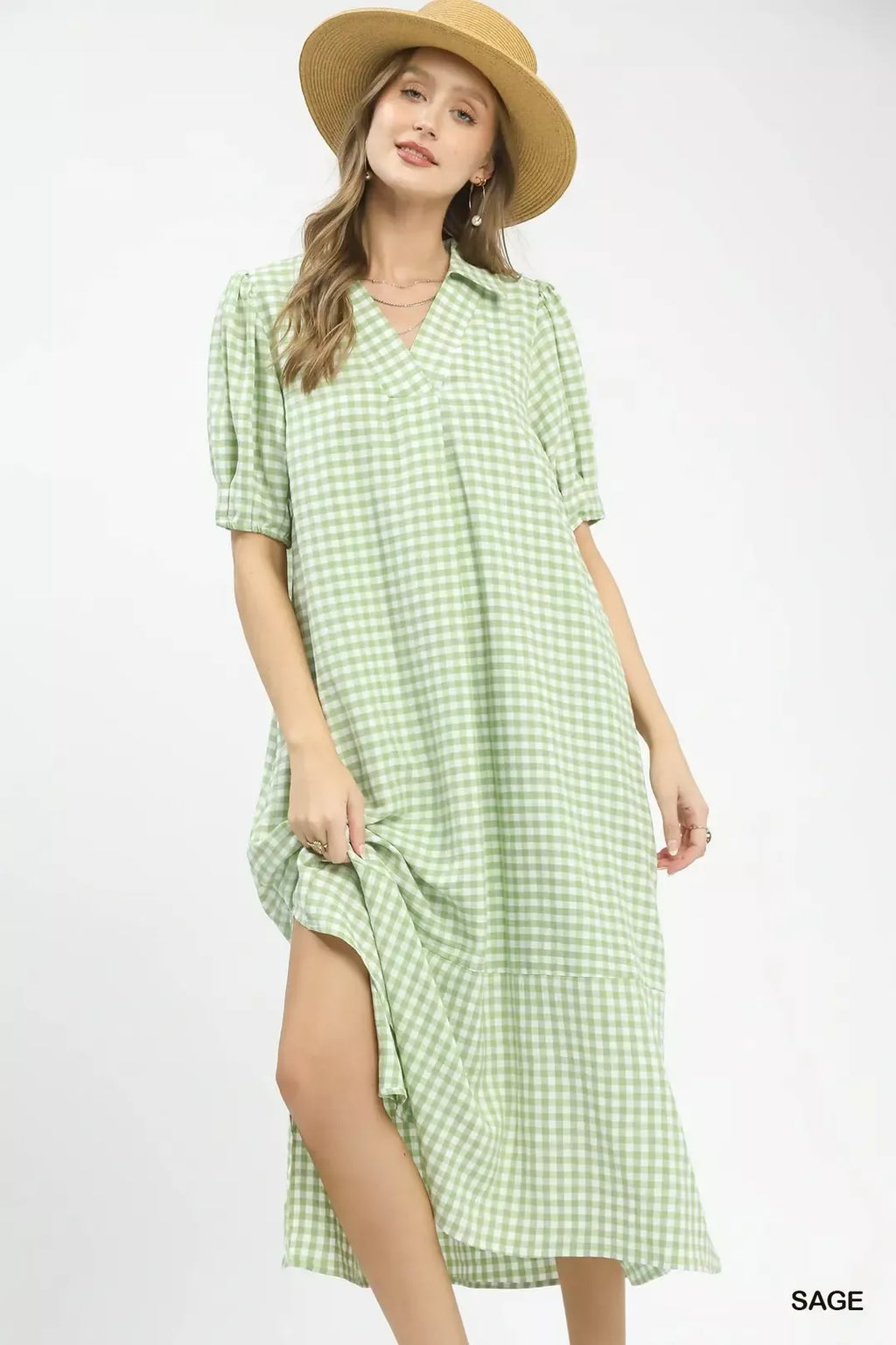 Gingham Midi Dress with Side Pockets in Sage for Women